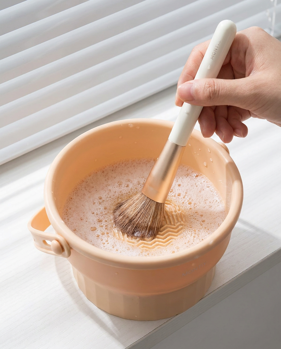 Makeup brushes drying in the silicone cleaning bowl