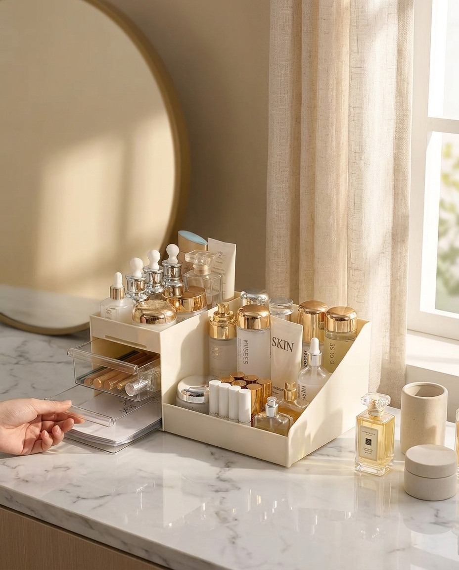 Cream cosmetic organizer styled on a sunlit marble vanity