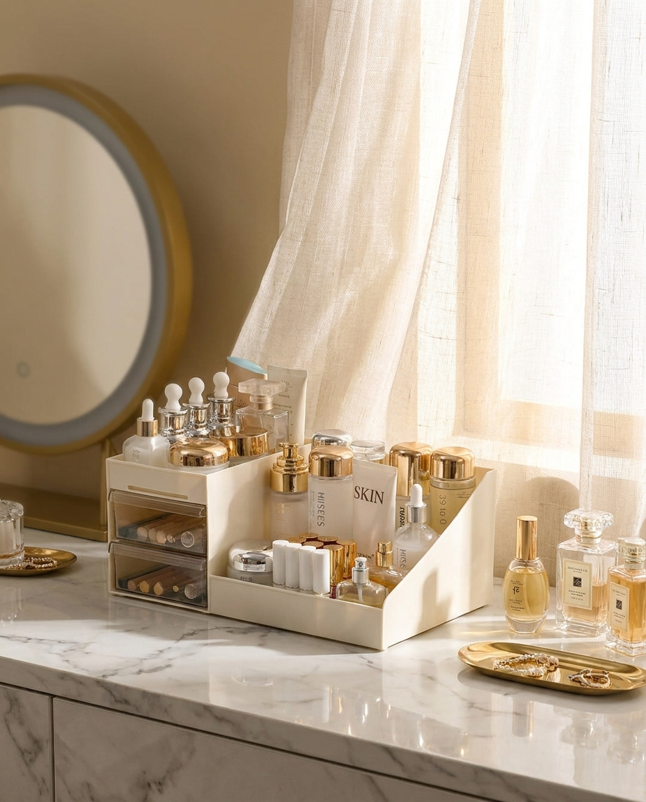 Cream organizer with skincare on a marble vanity