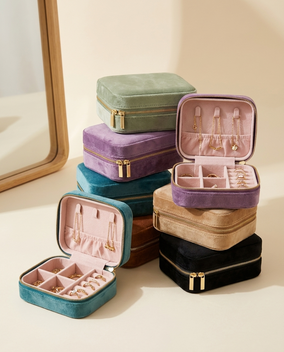The Travel Jewellery Case open with rings and earrings in place